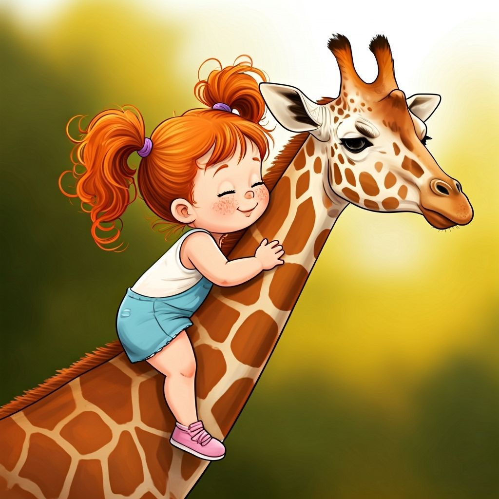 Red-Haired Toddler and Giraffe: Illustration