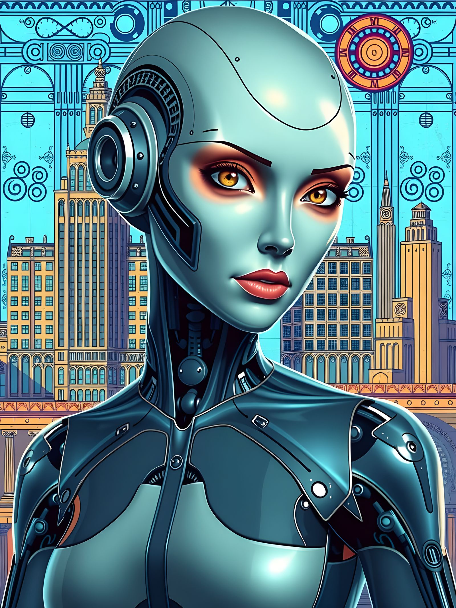 Cyberpunk Robot Portrait in Art Deco Cityscape