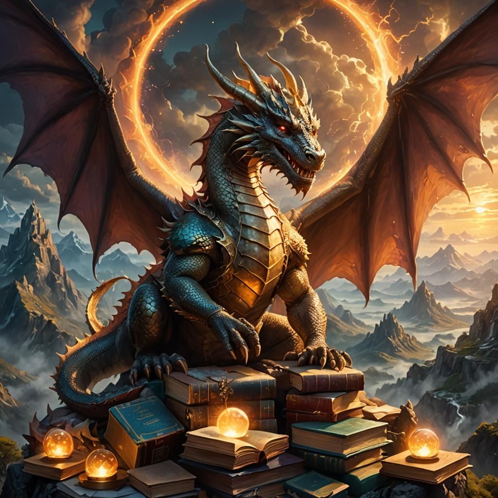 Wise Dragon on Mountain Peak in Fantasy Art