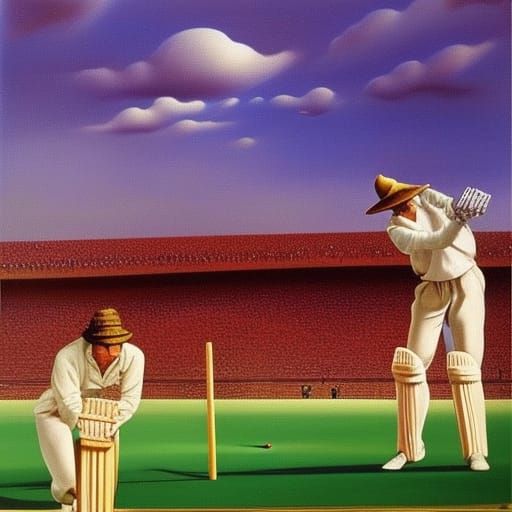 Dali painting of a cricket match. Hyperrealistic, splash art, concept art, mid shot, intricately detailed, color depth, ...