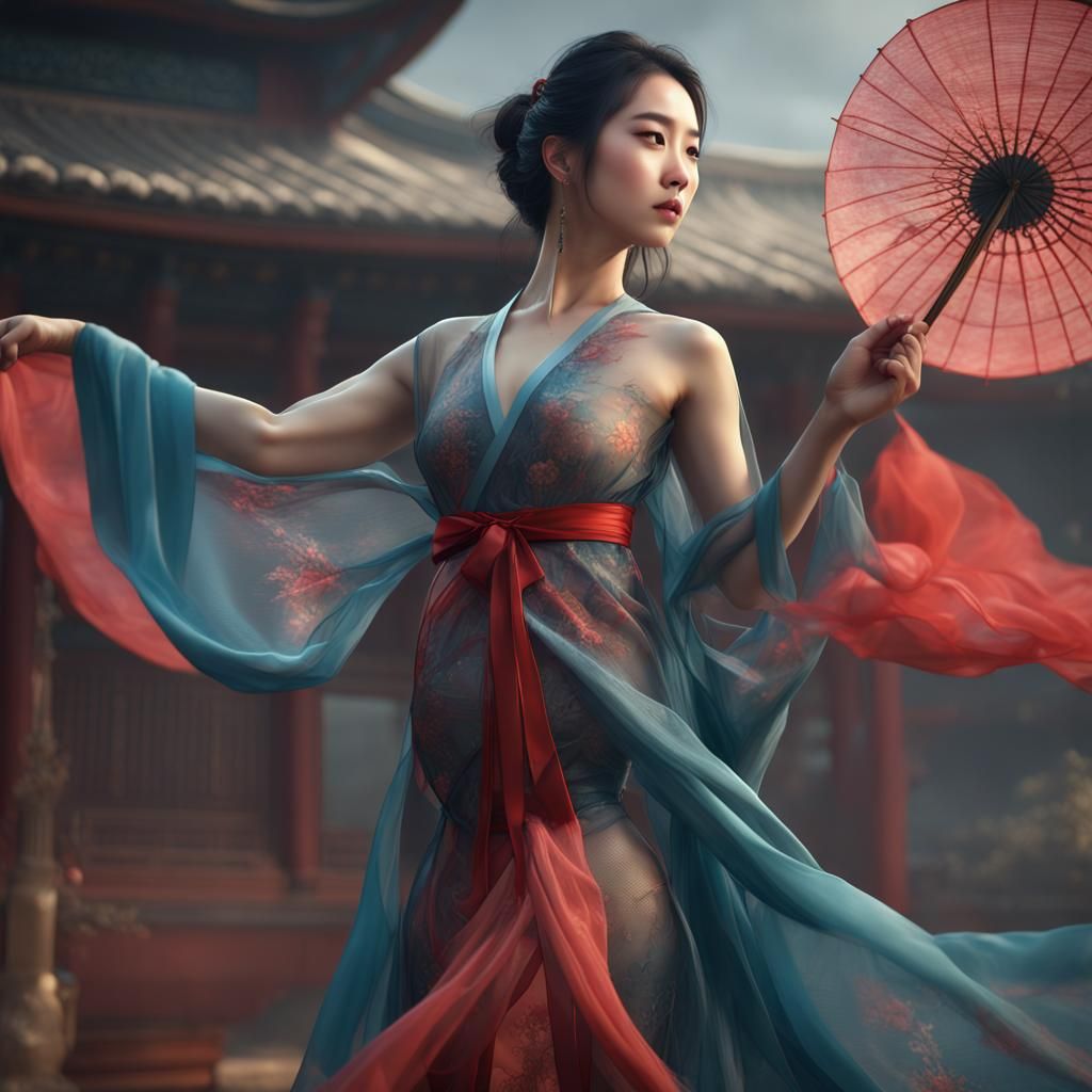 Korean Woman in Silk Robe Undressing in Wind