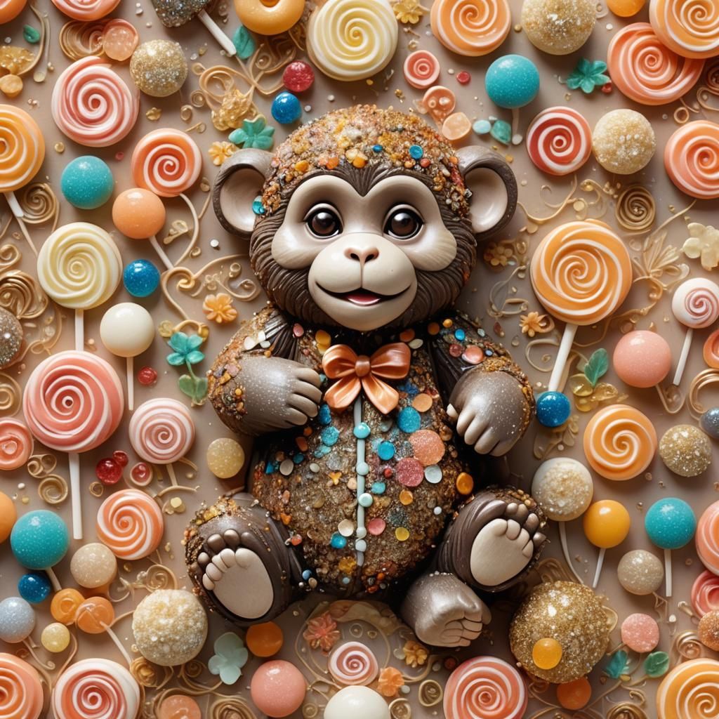Monkey Surrounded by Candy in Storybook Illustration Style
