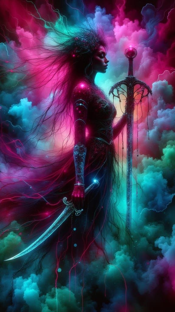 Neon Grunge Queen of Swords in Dark Futurism