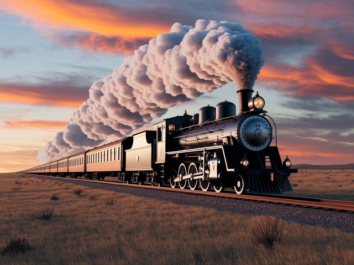 Vintage Steam Locomotive Chases Sunset Across the Old West