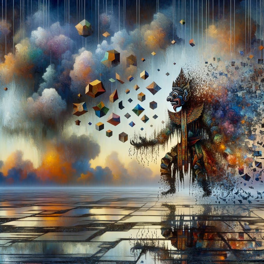 Wayang Figure Dismantled by Data Swarm on Wet Plain