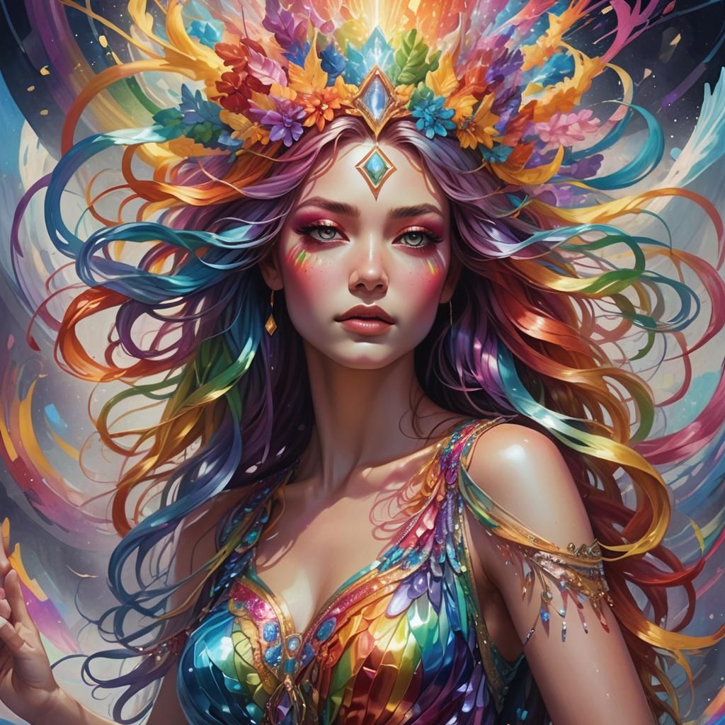 Rainbow Goddess Portrait in Art Nouveau Style