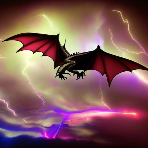 Iridescent Dragon Ascends Through Lightning Storm