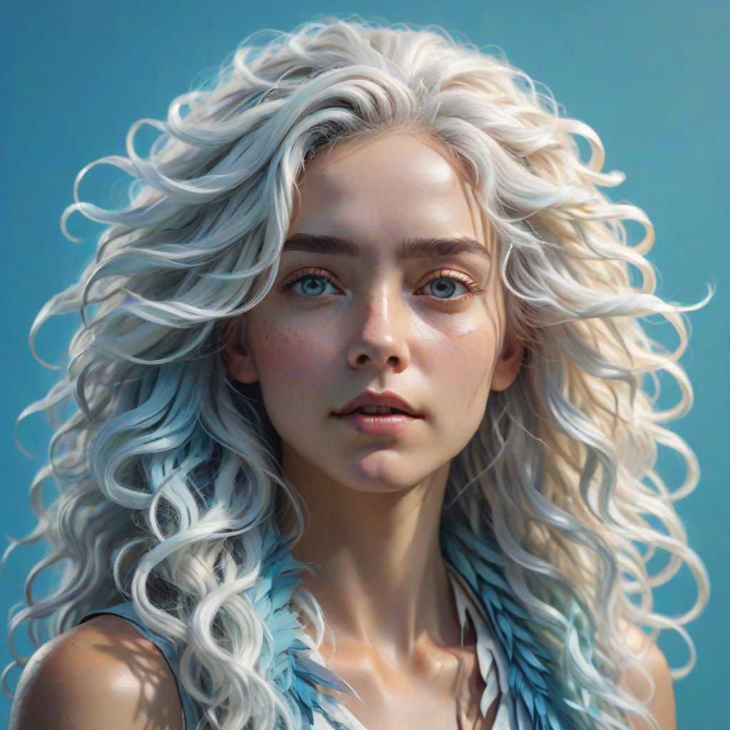 Hyperrealistic Woman with White Feathered Hair