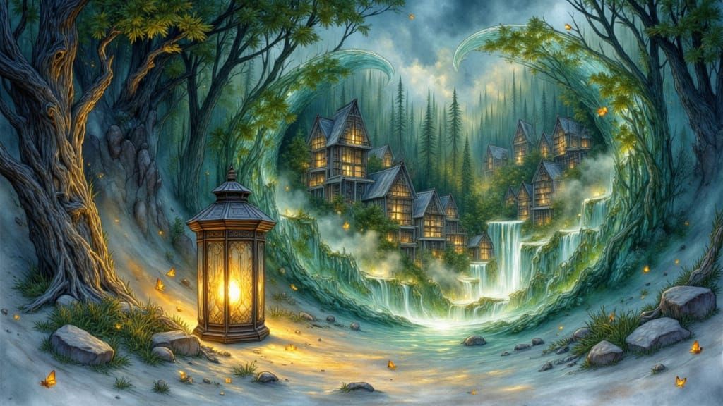 Glowing Lantern in Glass Desert with Forest Dream Bubble