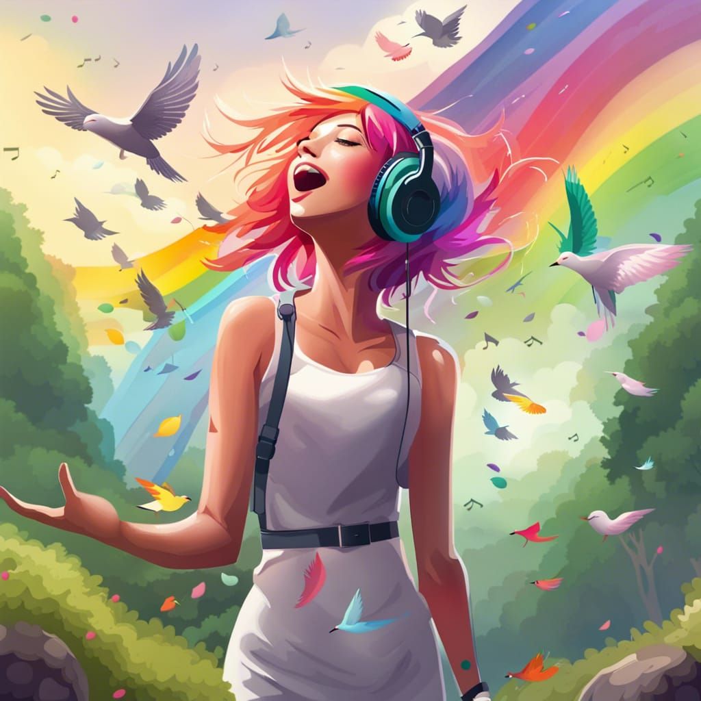 Rainbow Haired Singer in Nature with Floating Notes