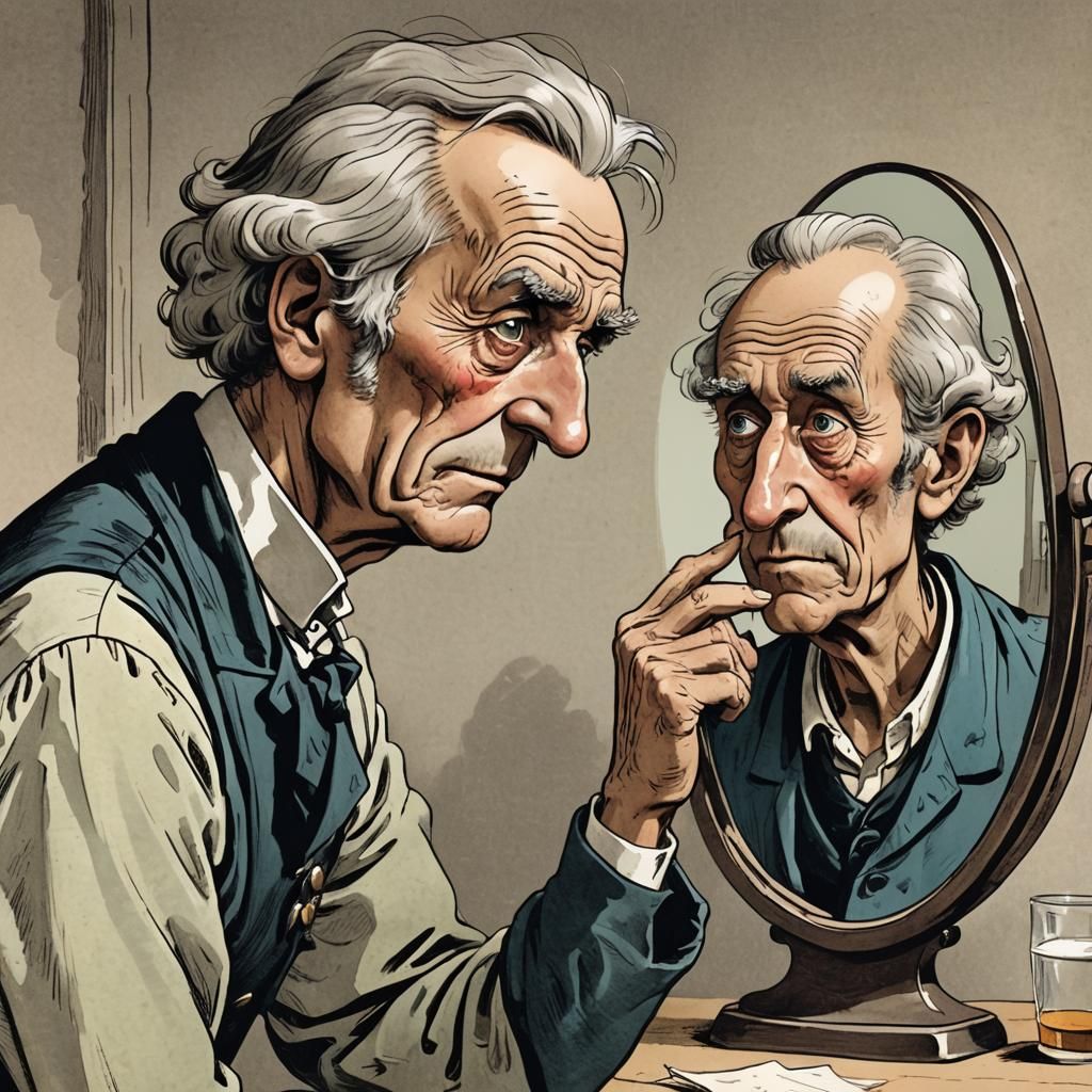 Old Man Looks in Mirror Cartoon