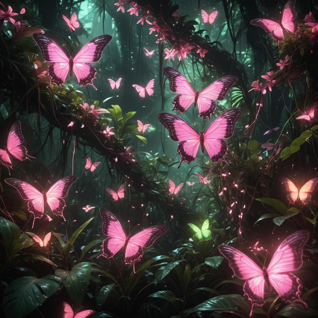 Bioluminescent Jungle Scene with Glowing Butterfly