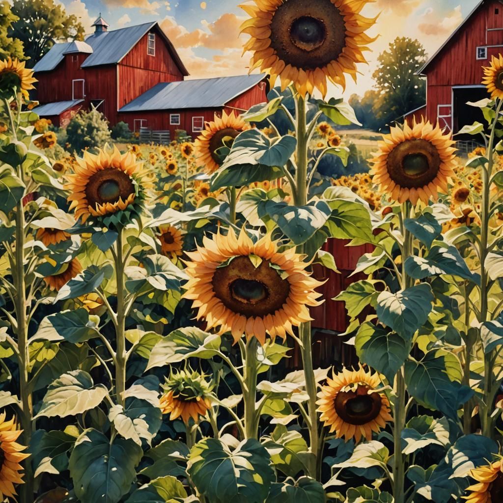 Hyperrealistic Sunflowers on a Farm in Oil Paint
