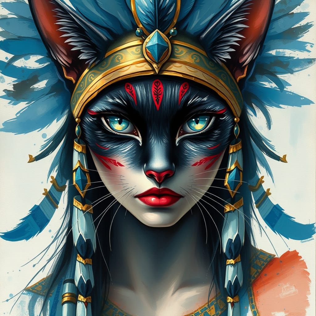 Egyptian Goddess Bastet in Vibrant Mixed Media Art