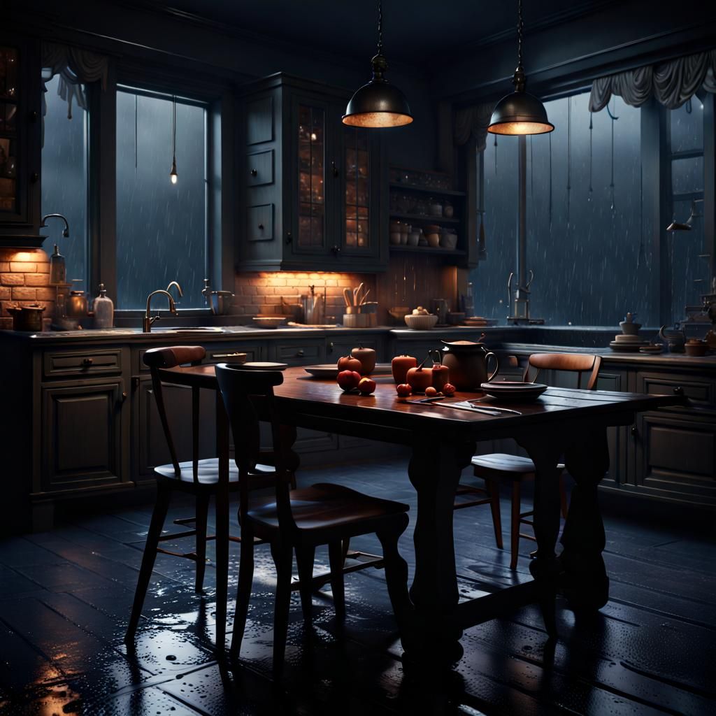 Rainy Night Kitchen: Detailed Matte Painting