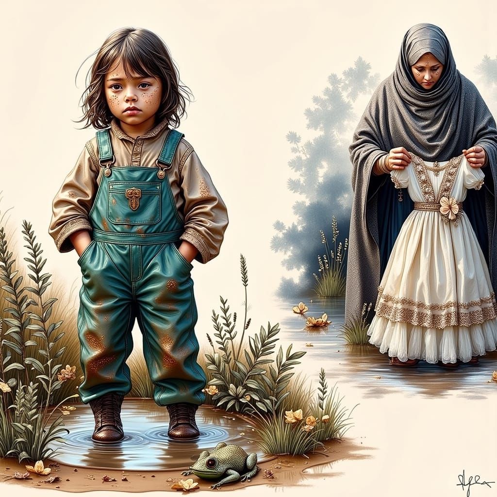 Sad Mud Girl and Frilly Dress, Storybook Style