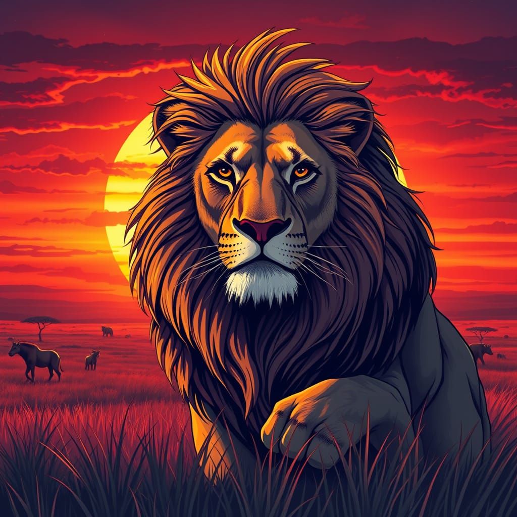 Majestic Lion on Savanna at Sunset in Graphic Novel Style
