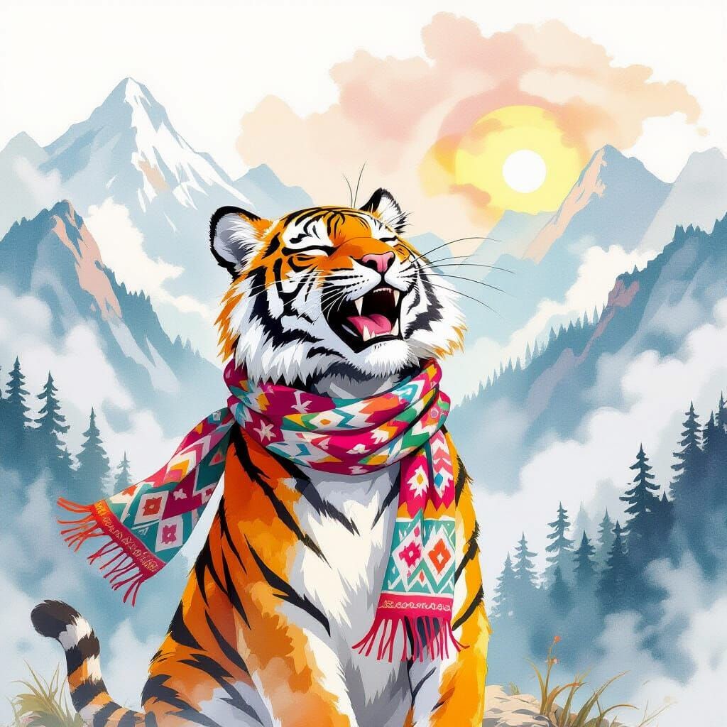 Mountain Tiger Sings Amidst Misty Peaks in Watercolor Style