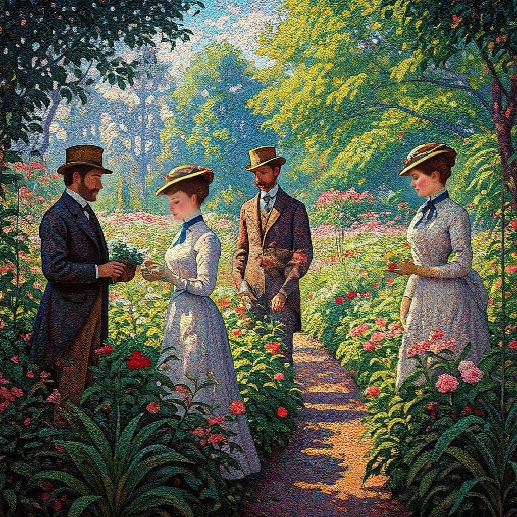 People Tending Flowers in Pointillism Garden