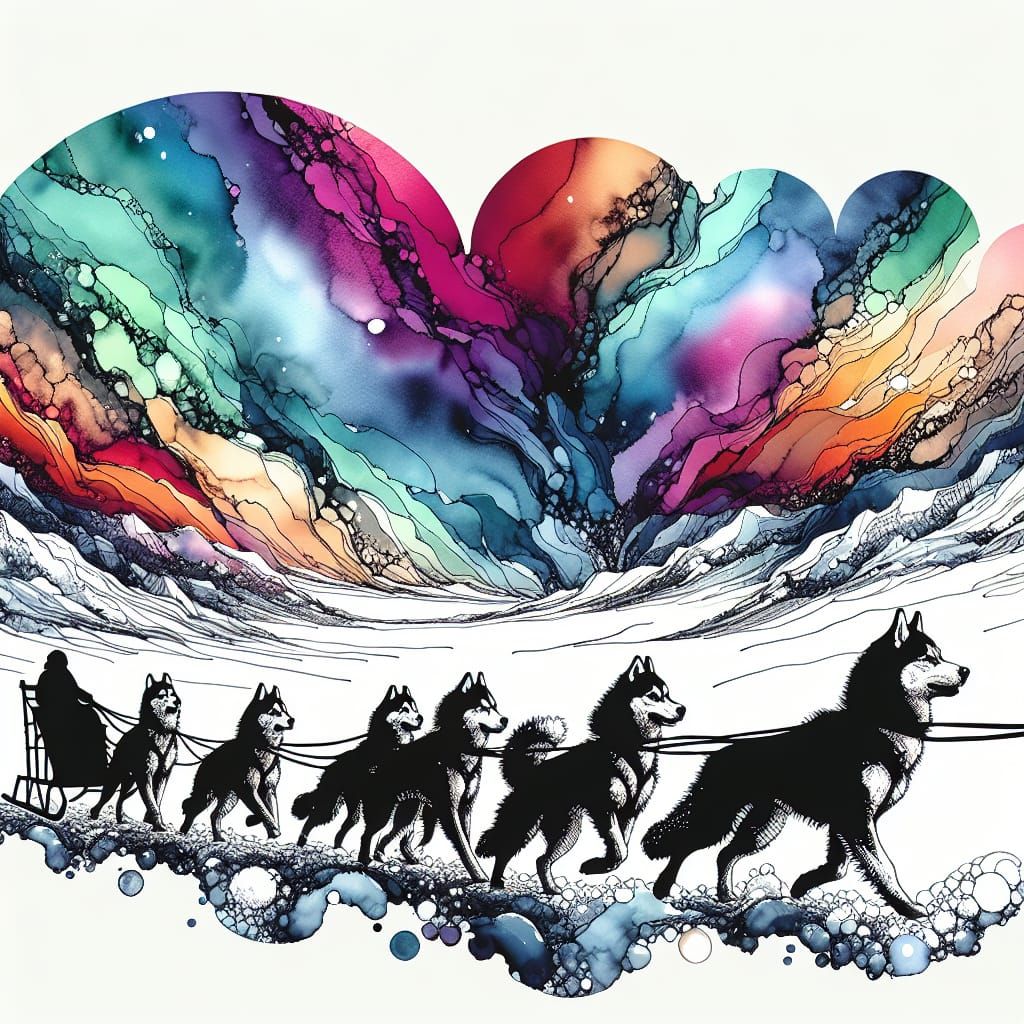 Siberian Huskies Sledding: Alcohol Ink and Pen Art