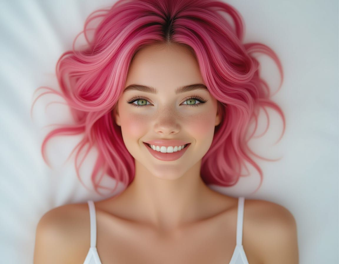 Young Woman with Pink Hair Posing on Bed
