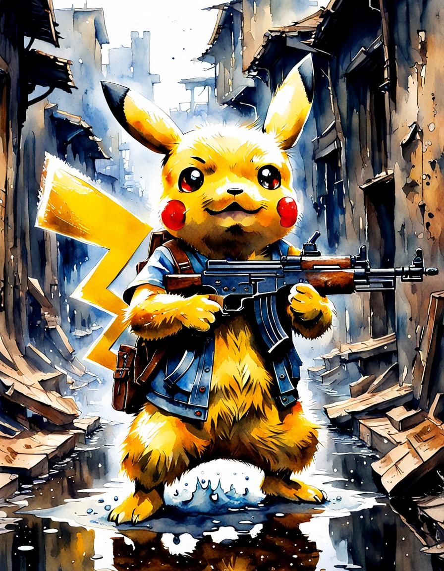 Ghetto Pikachu with AK-47: Watercolor Art
