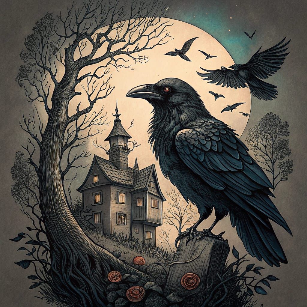 Macabre Crow Tattoo in Vintage Style