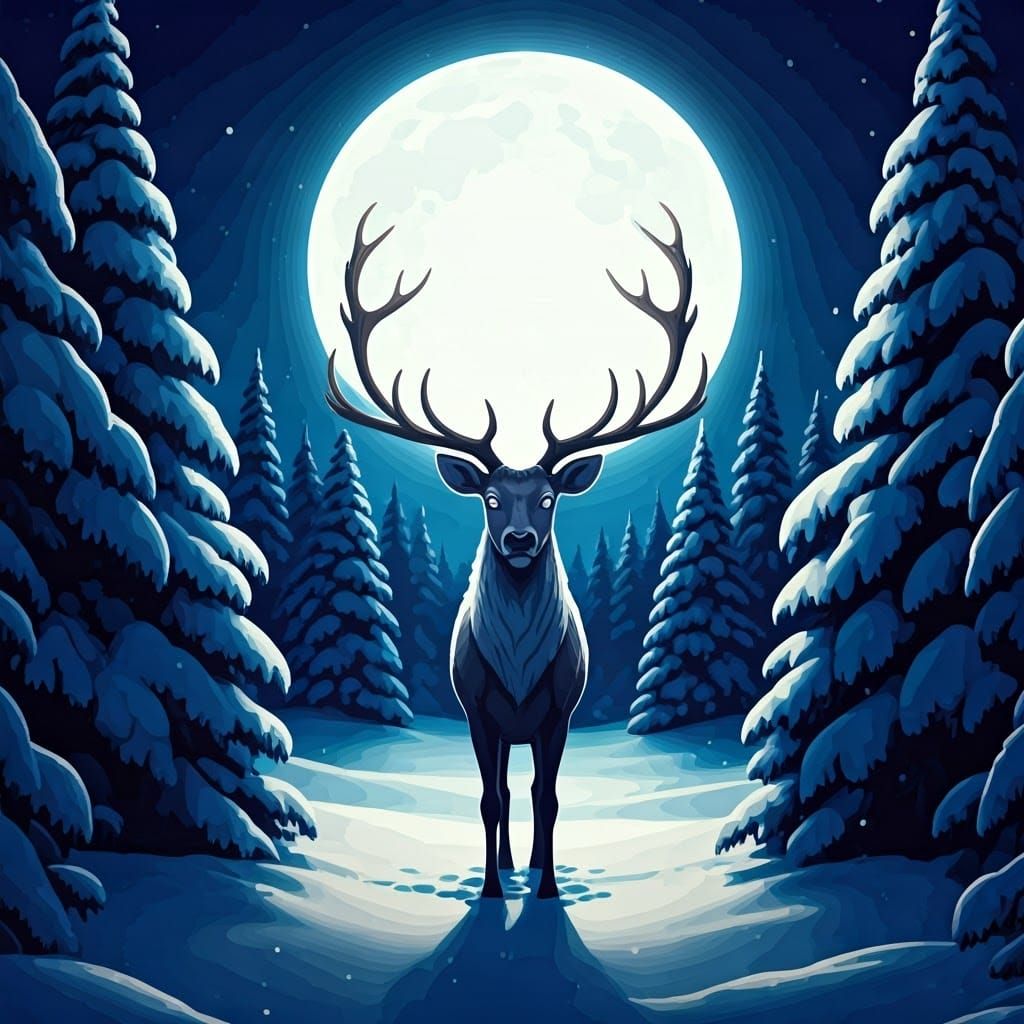 Winter Reindeer Under Full Moon in Vibrant Cel-Shaded Style
