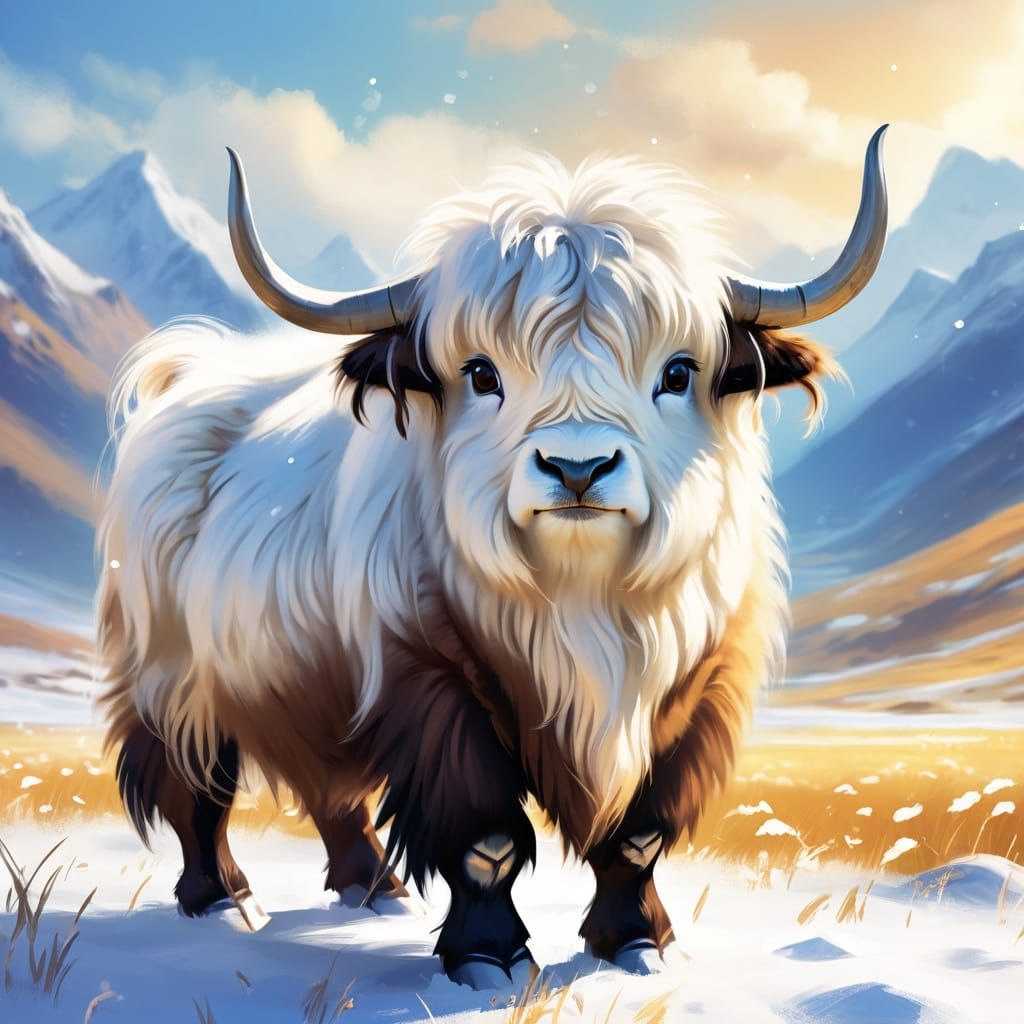Adorable Baby Yak in Snowy Meadow Digital Painting