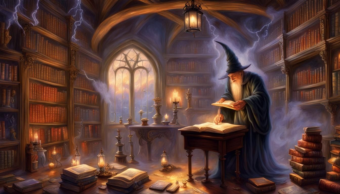 Wizard in Ethereal Fantasy Library with Raven