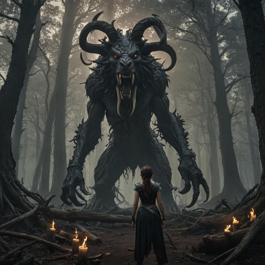 Warrior Confronts Cursed Beast in Dark Fantasy Forest