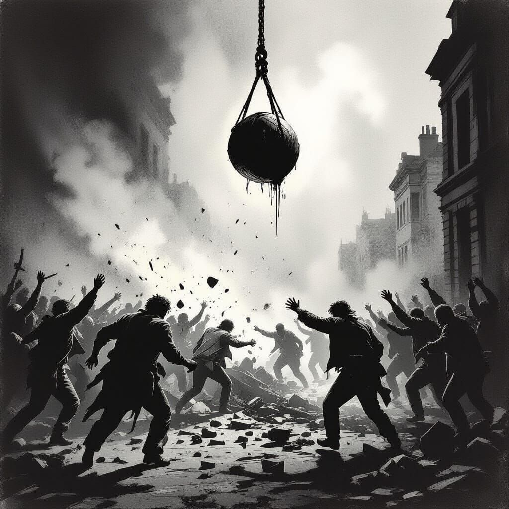 Societal Collapse in Dramatic Chiaroscuro Lighting