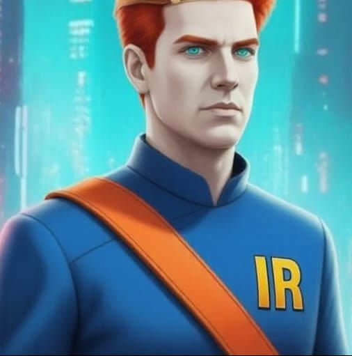 Cyberpunk John Tracy, red hair, turquoise eyes, blue uniform...
