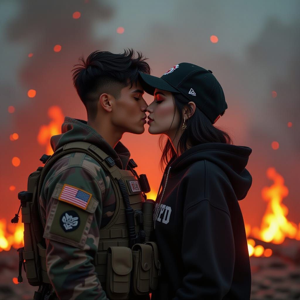 Passionate Goodbye Amidst Fiery Inferno: Matte Painting