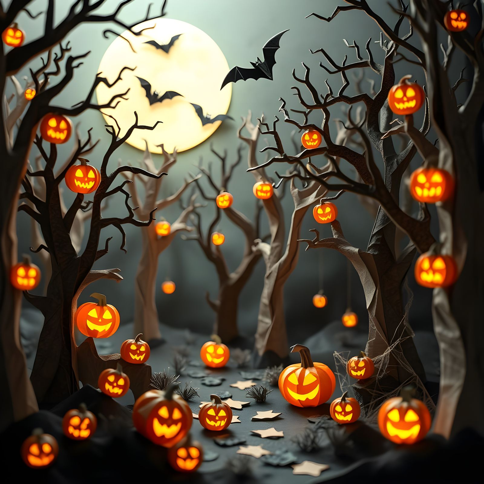 Magical Origami Halloween Forest in Papercraft Style