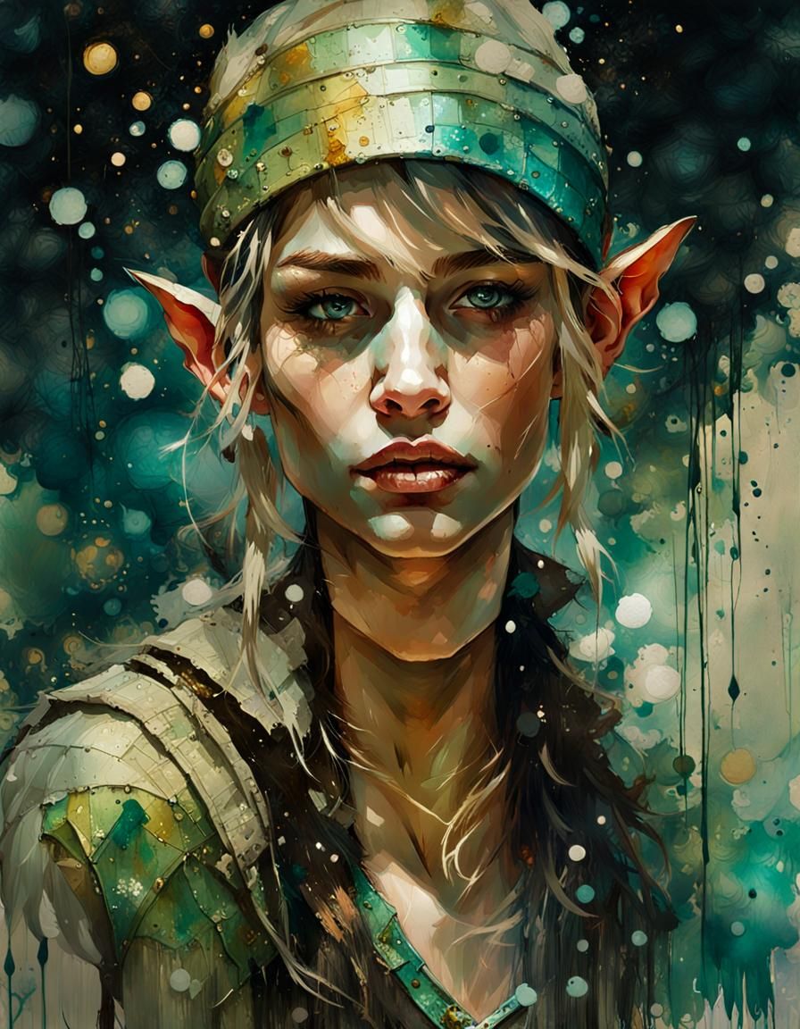 Grinning Elf Thief Portrait in Mixed Media Style