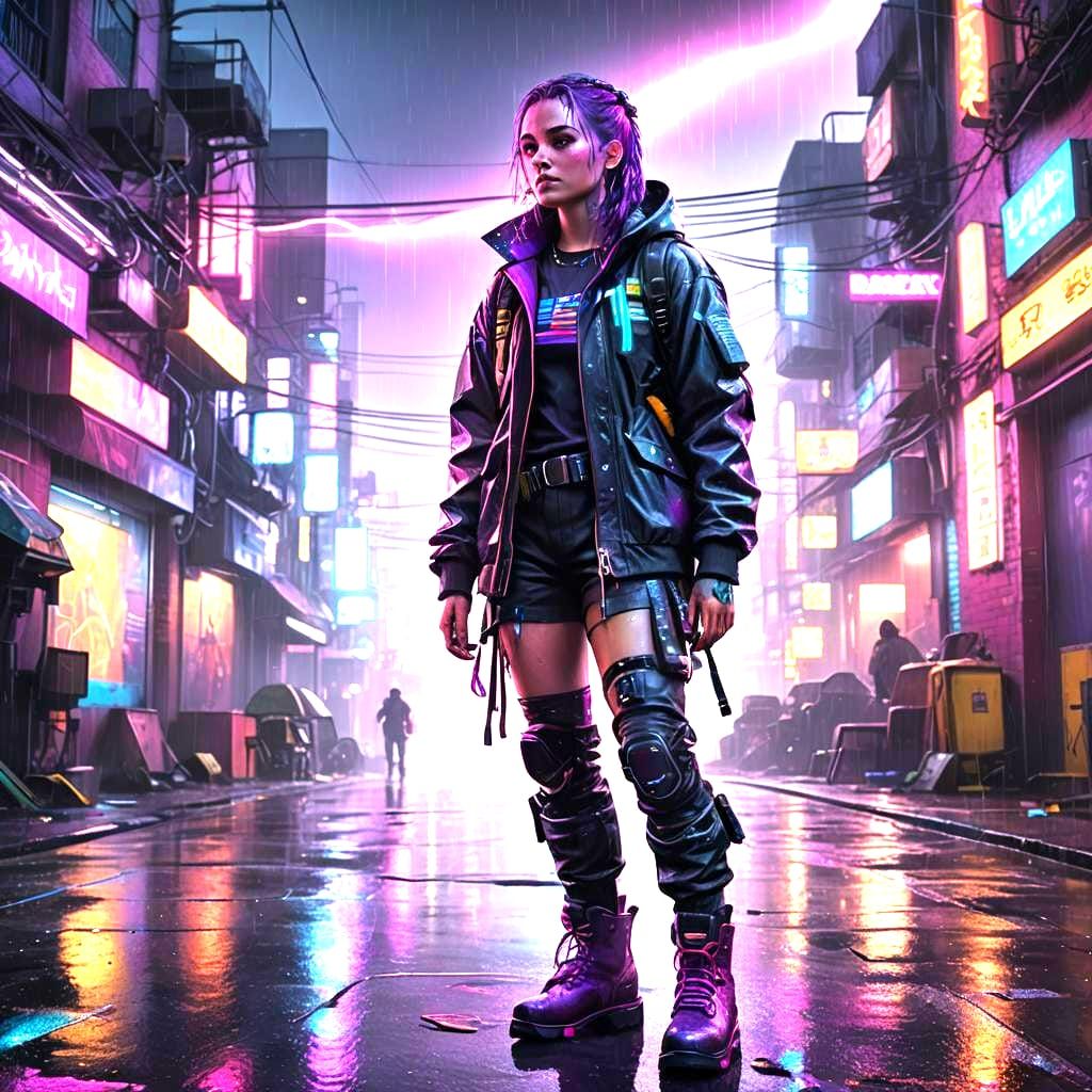 Cyberpunk Protagonist in Rainy Cityscape