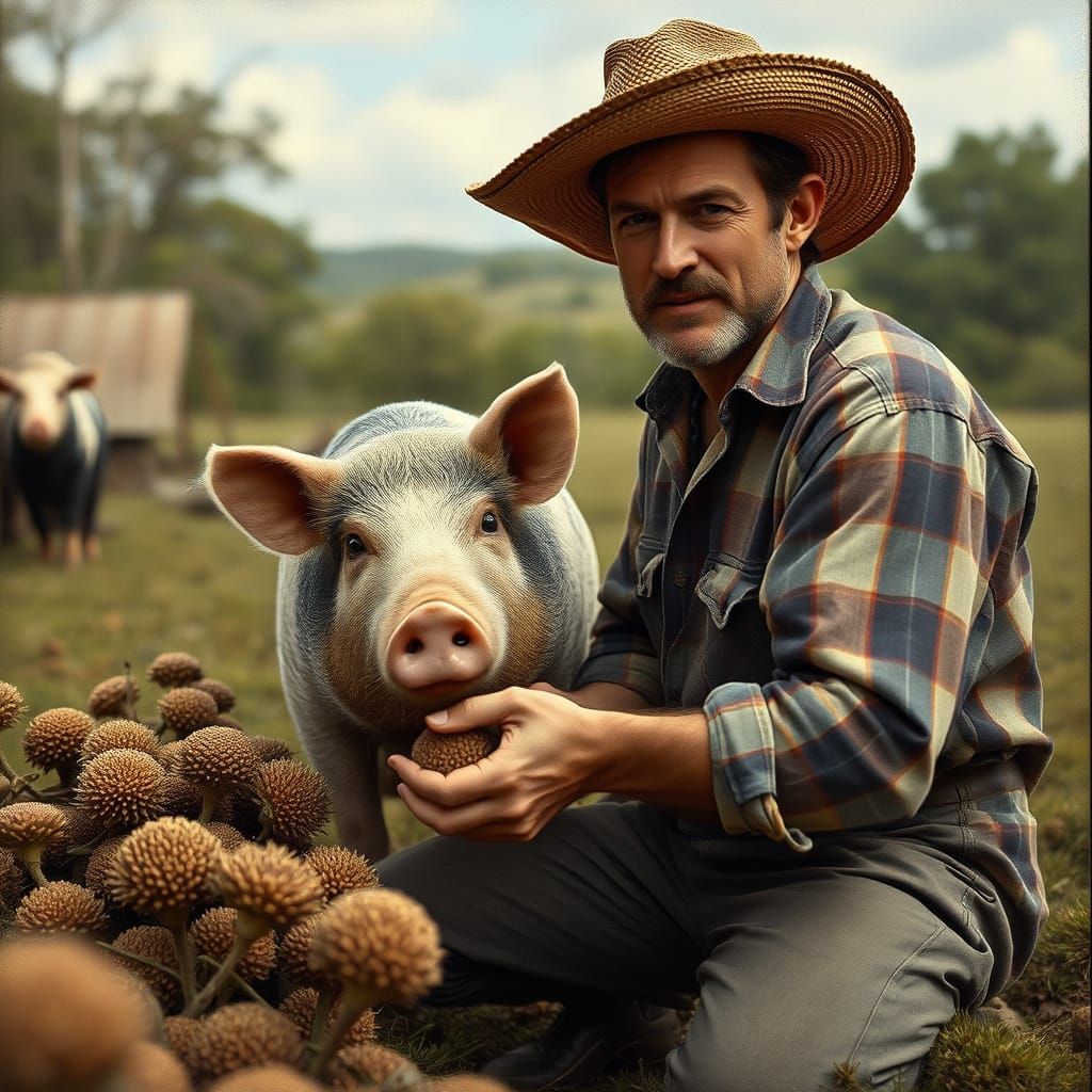 Vintage Photo of Farmer and Hog Truffle Hunting