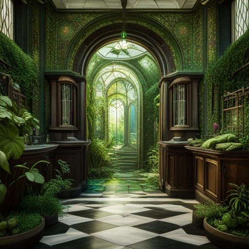 Fantasy Art Nouveau Bathroom with Stained Glass