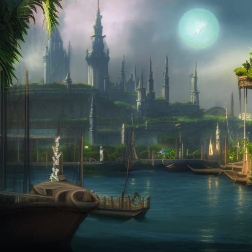 High Fantasy Elven Port City with Tropical Harbor