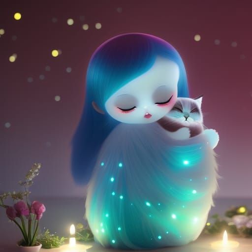 Cute ghost girl hugs a cute baby cat