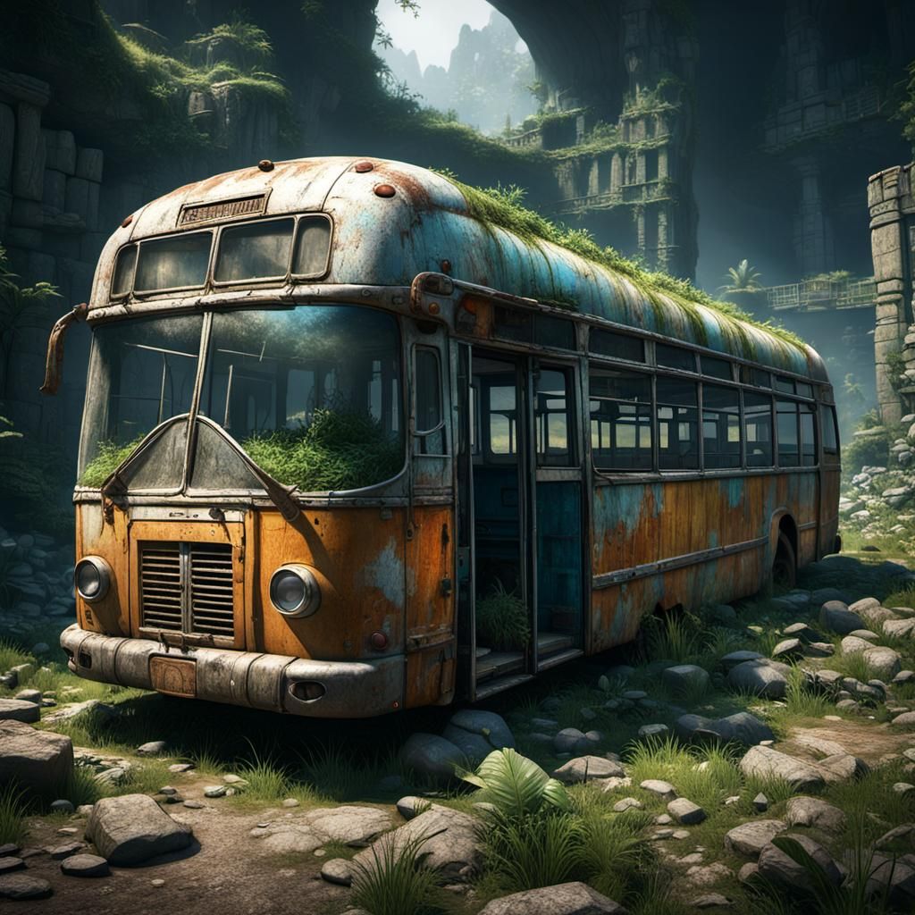 Hyperrealistic Abandoned Bus in Lost City