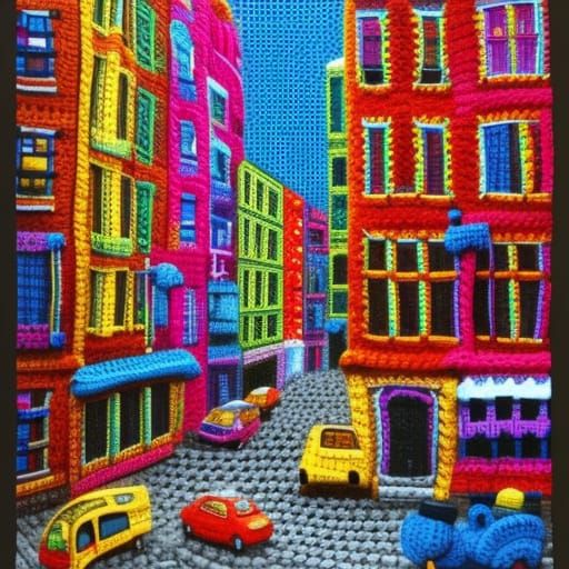 Crocheted City Street in Bright Colors