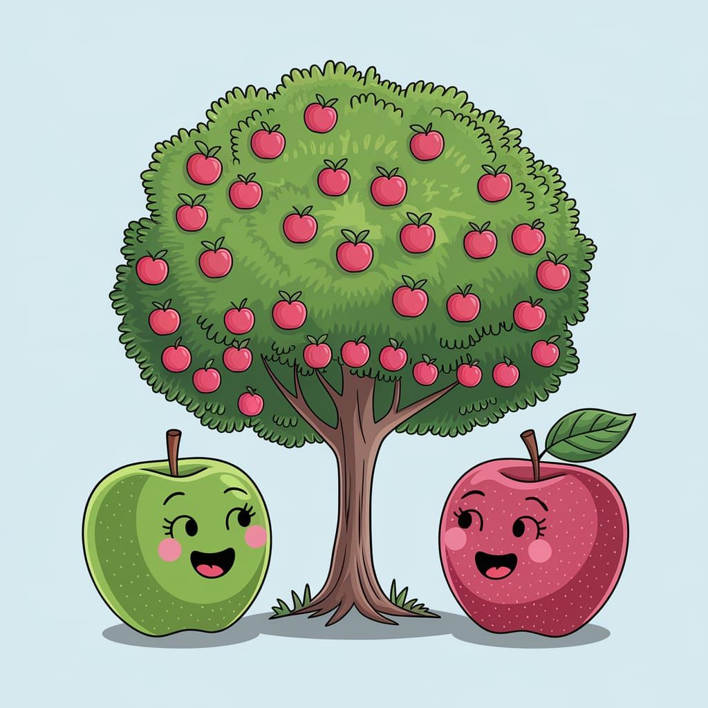 Apple Tree and Apple Chatting in a Whimsical Scene