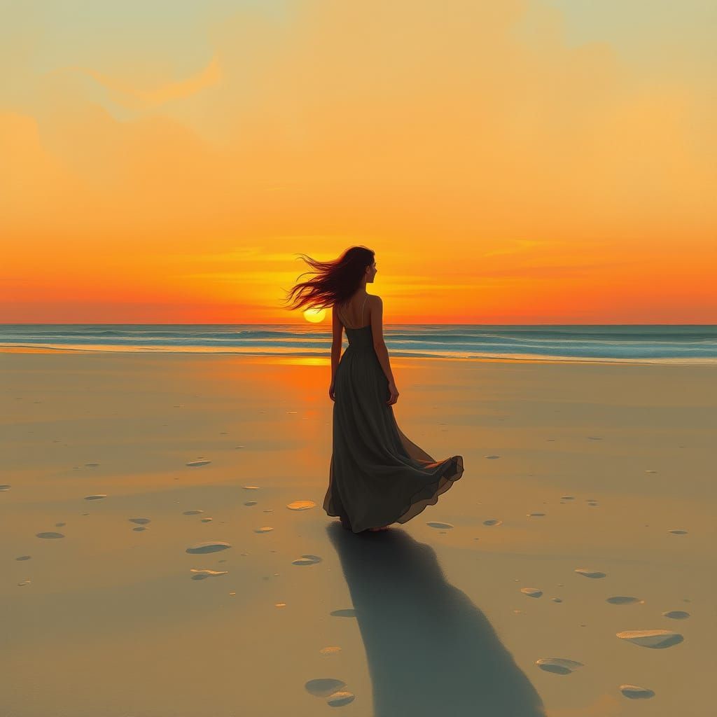 Ethereal Sunset Figure in Surrealistic Landscape