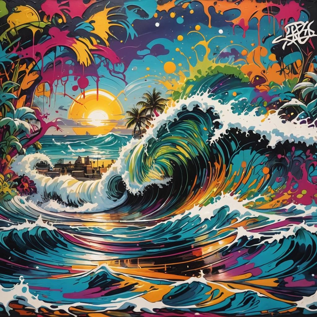 Tropical Island Wave in Graffiti Art Style