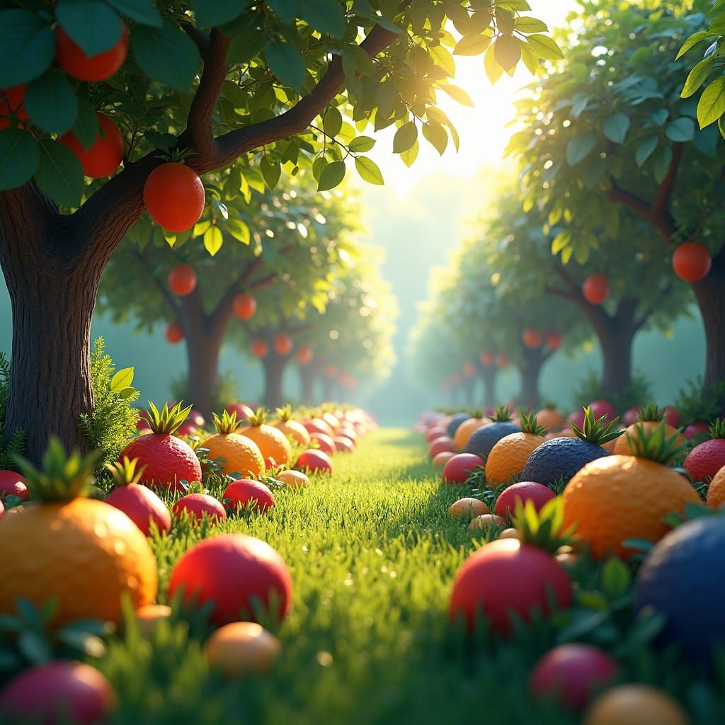 Sunlit Orchard of Exotic Fruits: Hyper-Realistic Fantasy Art