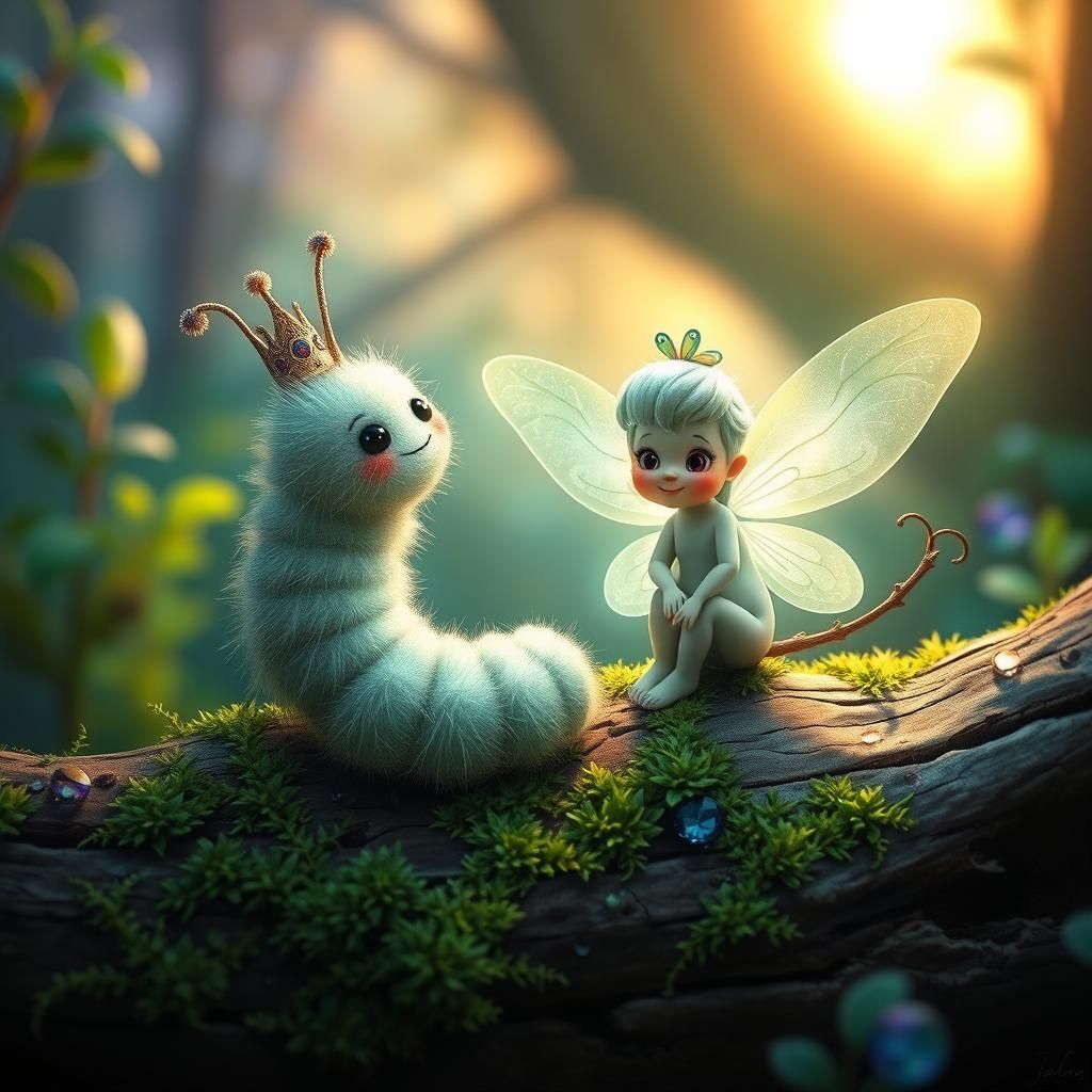 an abstract symbolism of a fuzzy caterpillar with a fairy si...