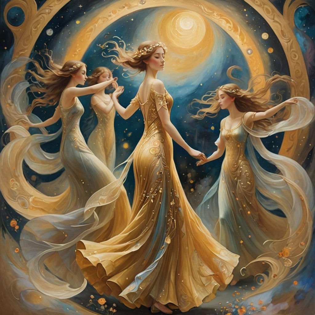 Dreamy Cosmic Maidens in Soft Symbolist Oil Painting