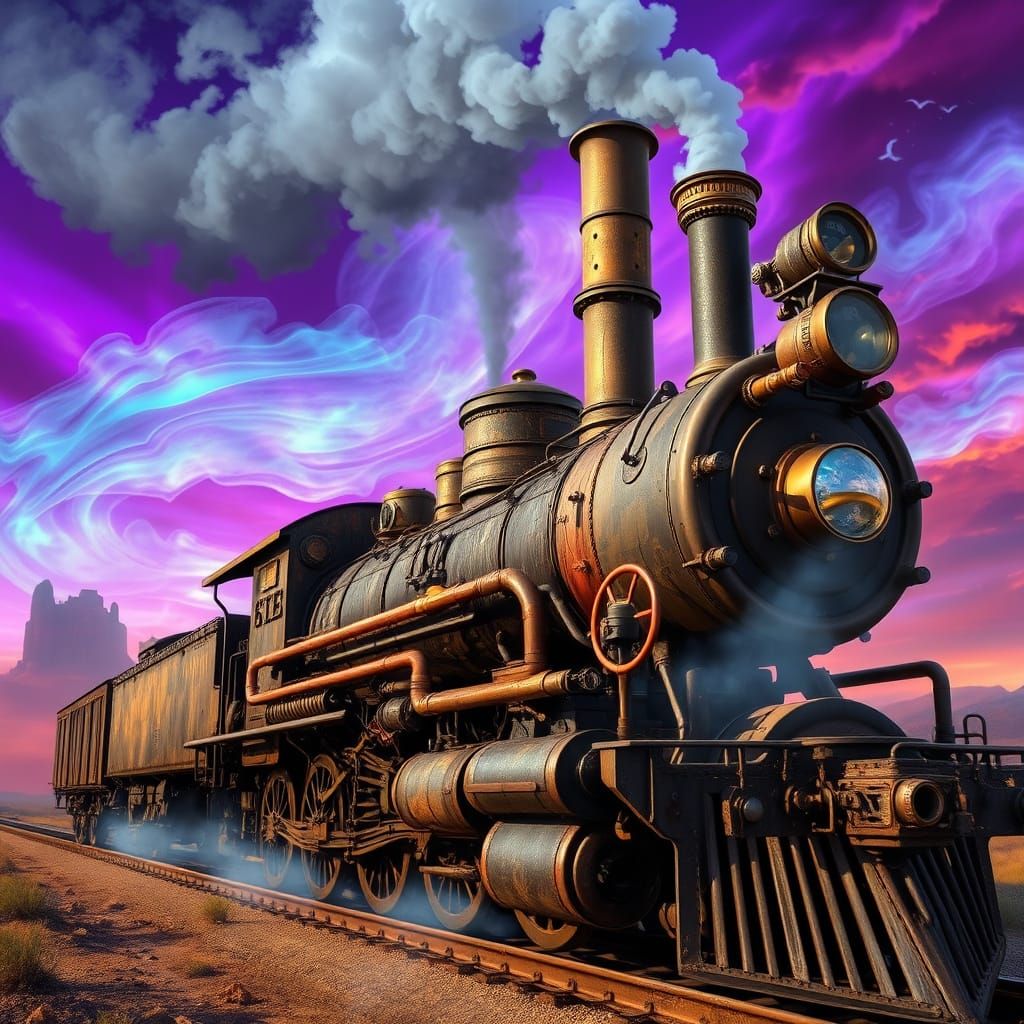 Glorious Steampunk Train in a Whimsical Western Landscape
